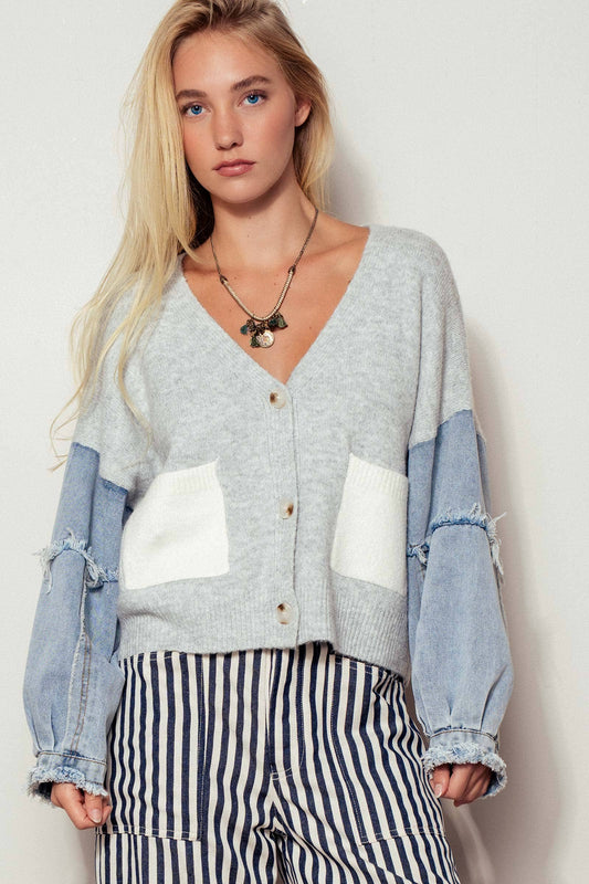 Denim Sleeve Knit Cardigan Casual Sweater Top