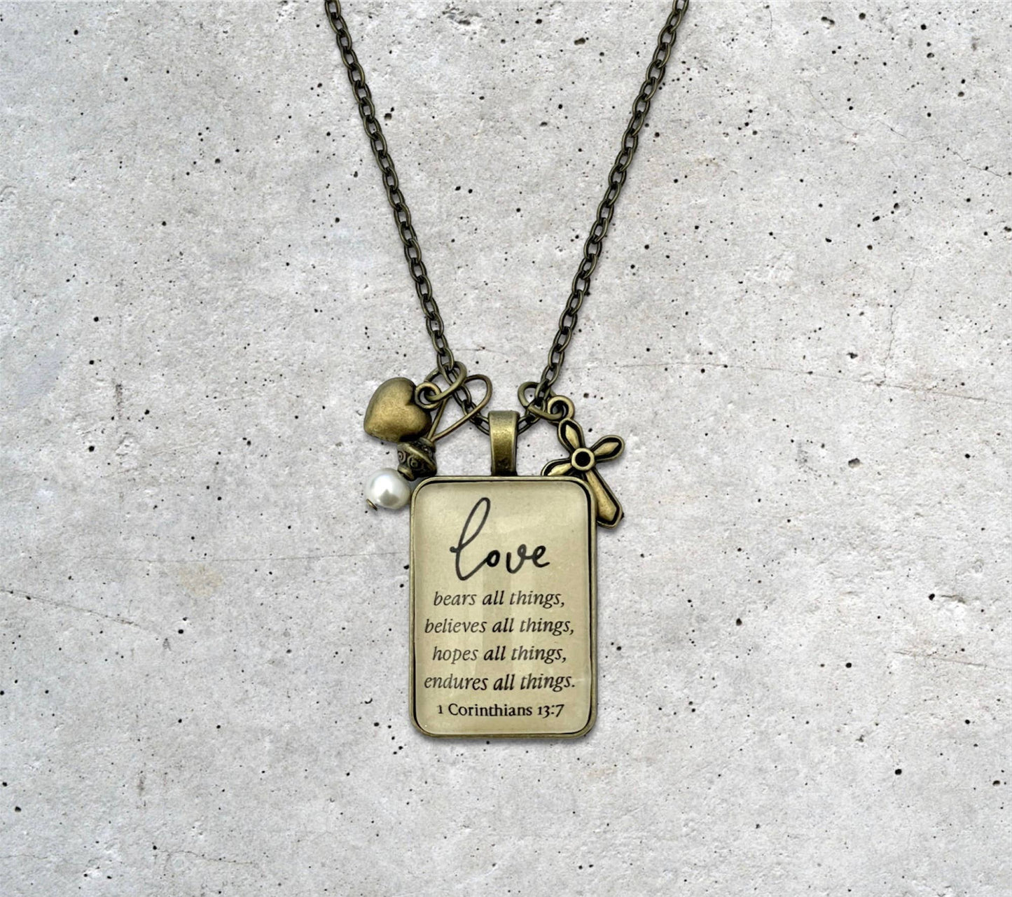 1 Corinthians 13:7 Glass Pendant Necklace