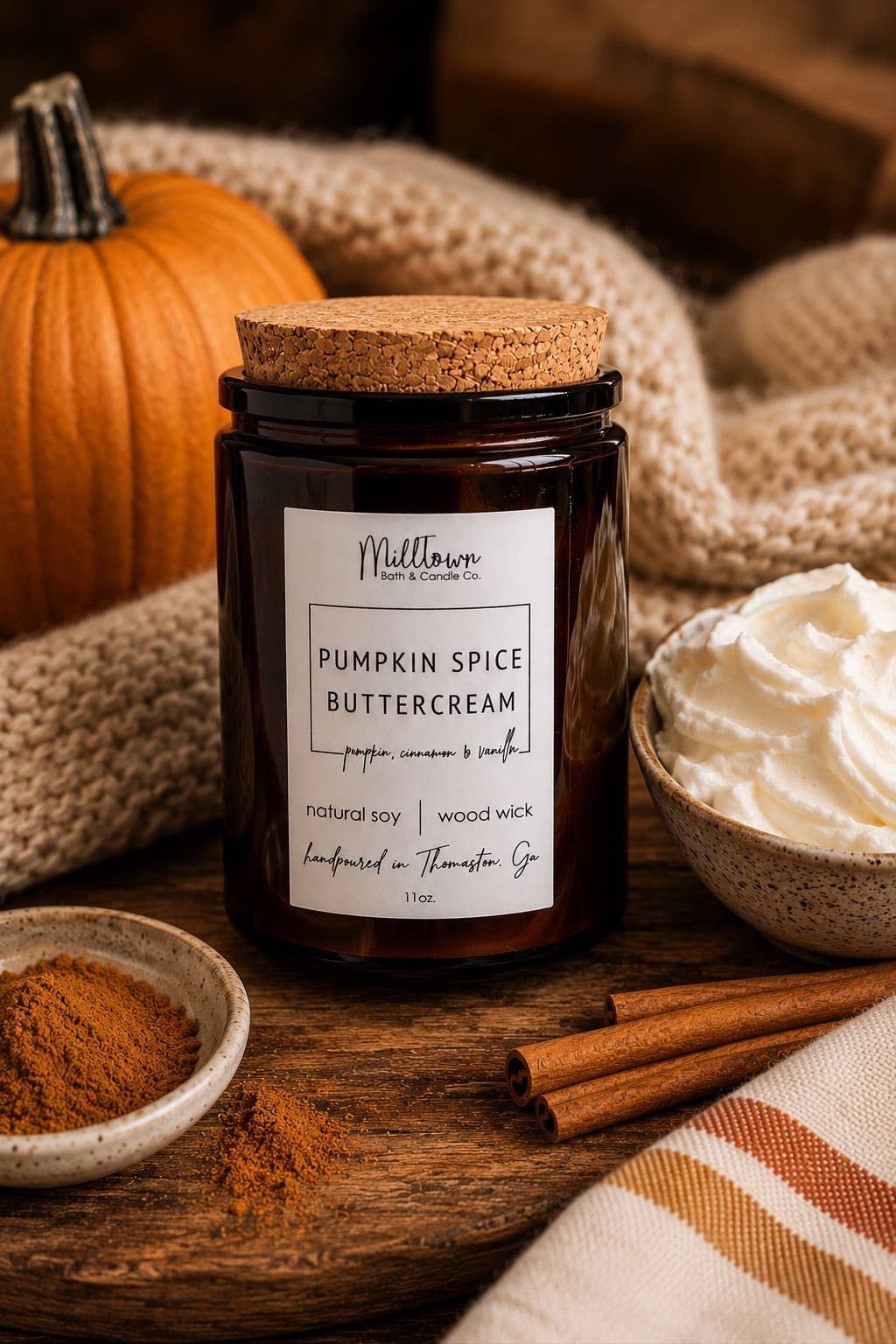 Pumpkin Spice Buttercream Soy Candle-100% Natural Soy Wax | Wooden-Wick Candles | Clean-Burning & Long-Lasting- Fall Scented