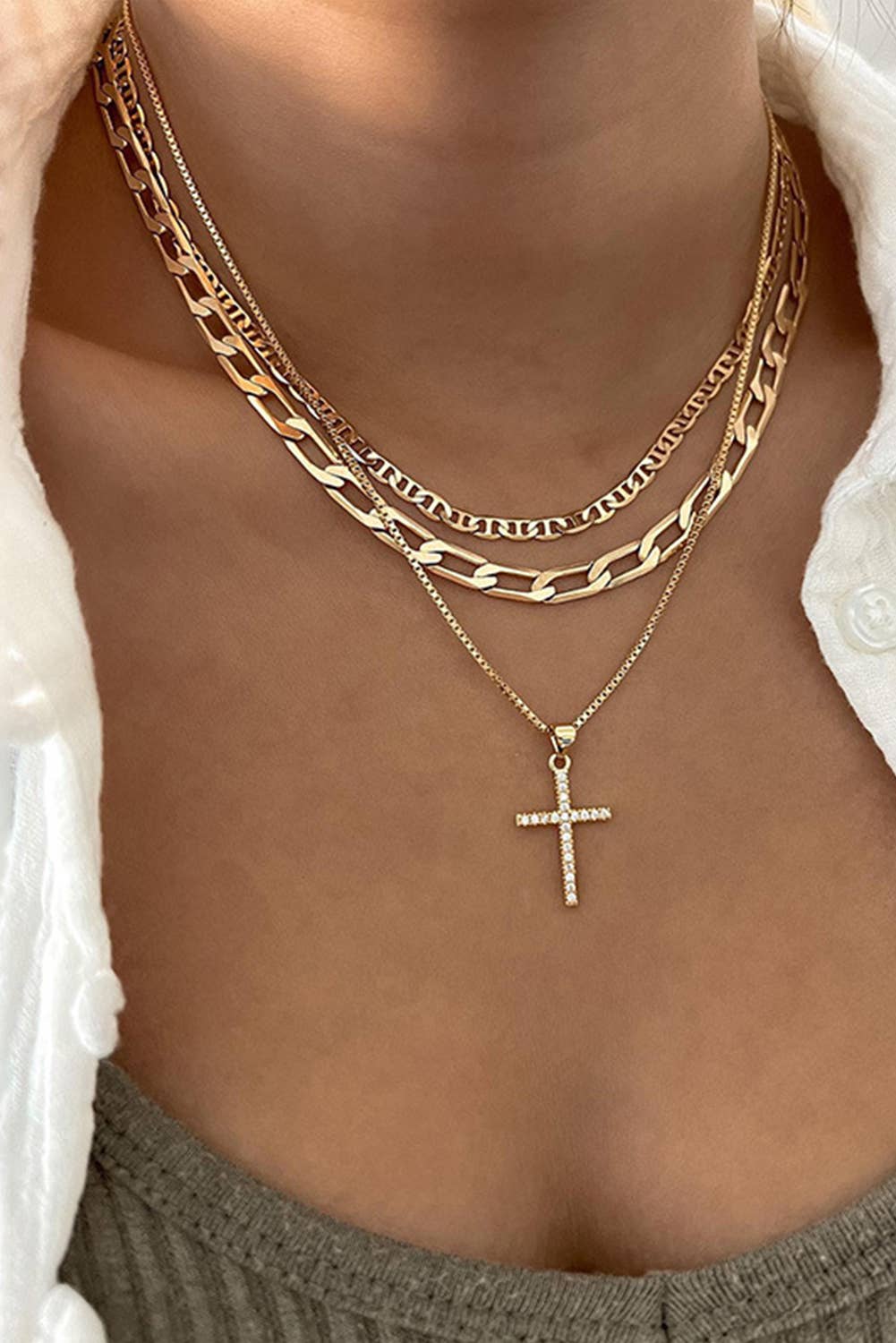 Cross Pendant Stacked Chains Necklace
