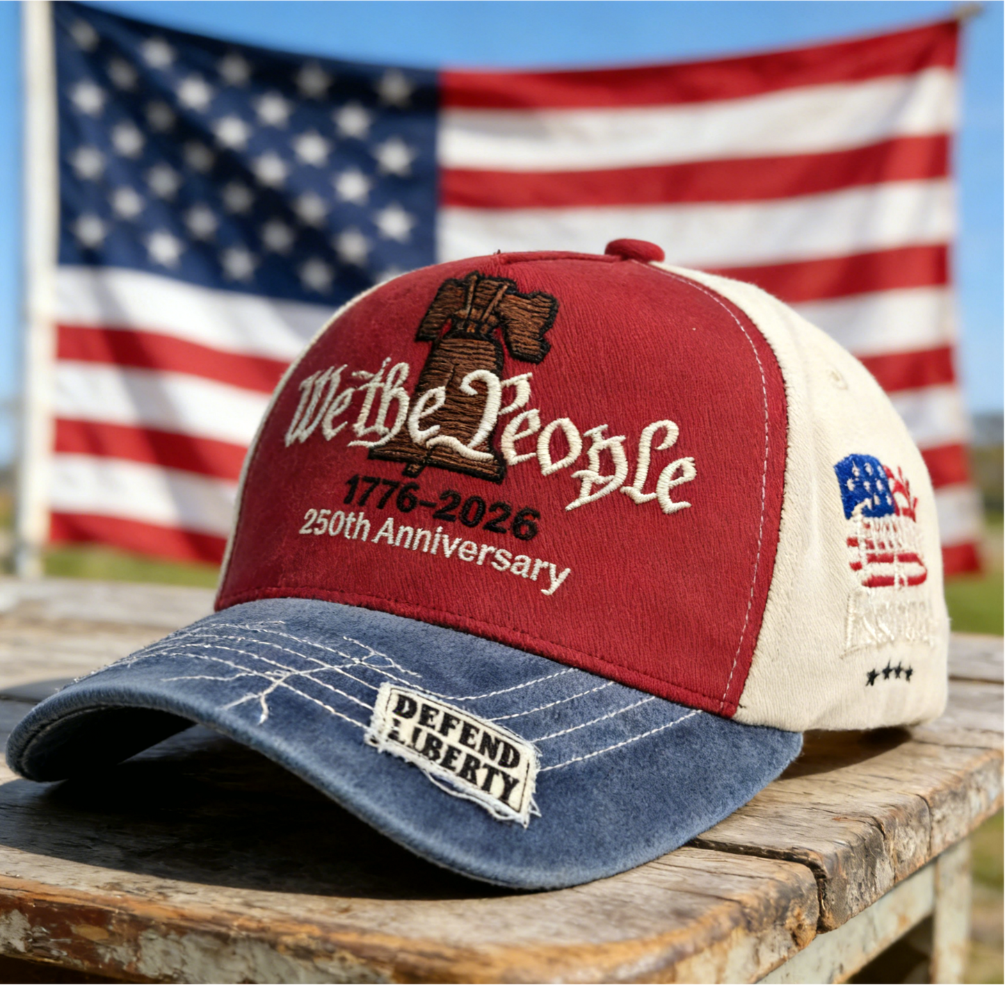 250th Anniv DD-214 Liberty Bell Embroidered Baseball Cap: Black / M