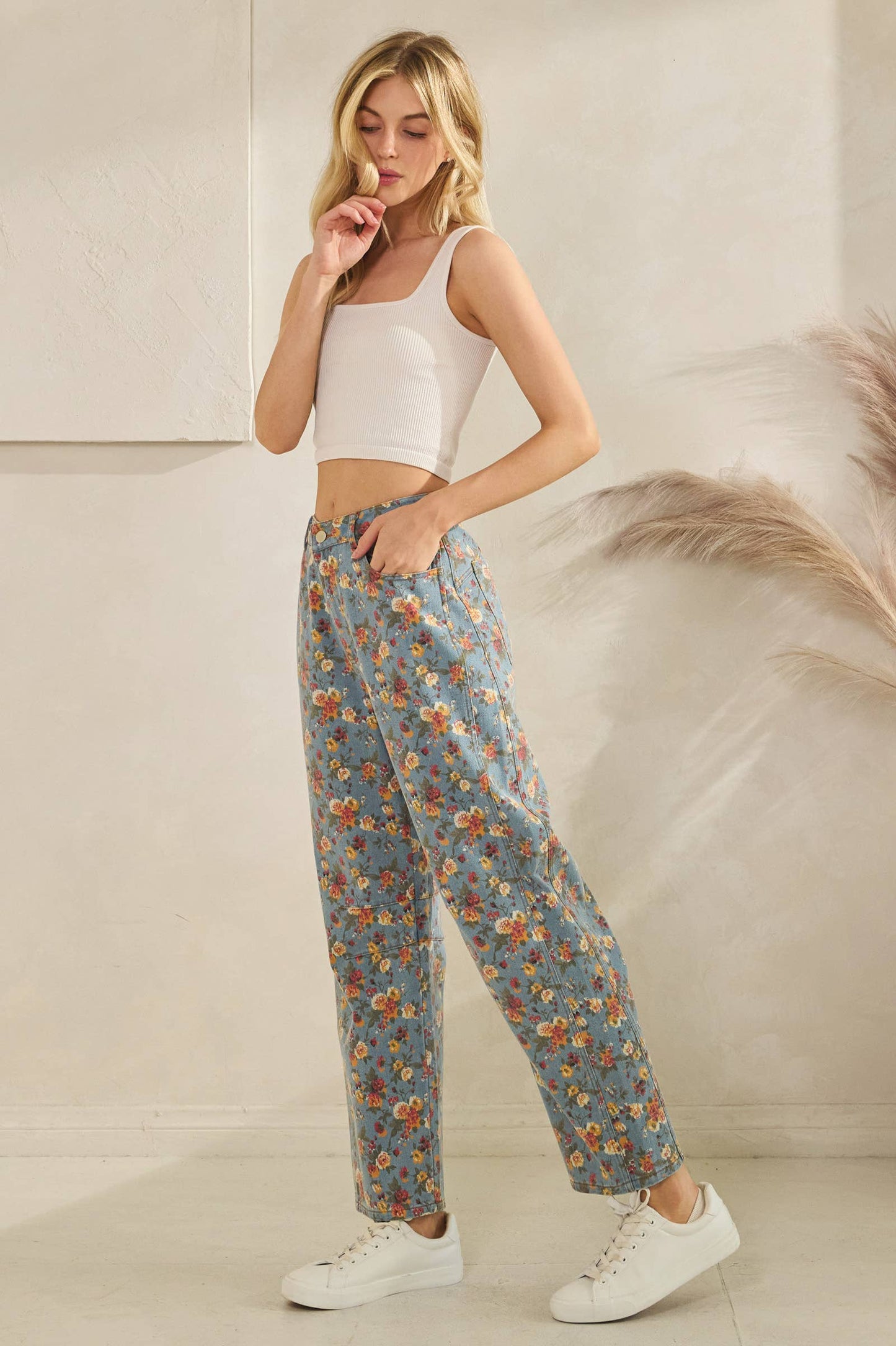 Mineral Washed Floral Denim Barrel Pants