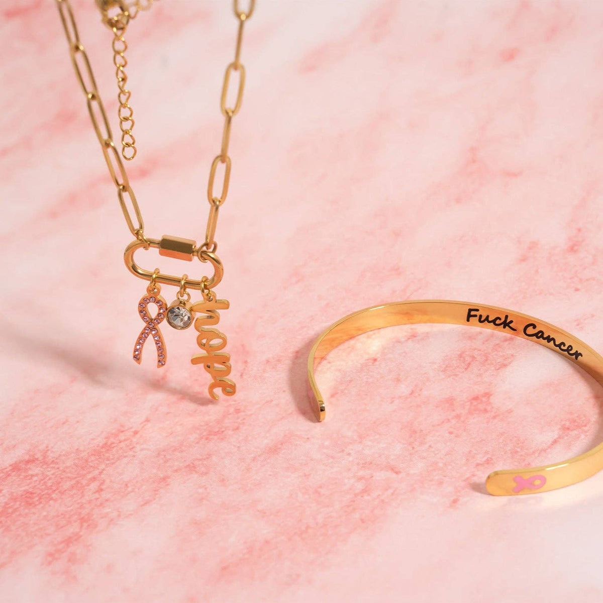 Breast Cancer Awareness Carabiner Hope Charm Necklace: Gold