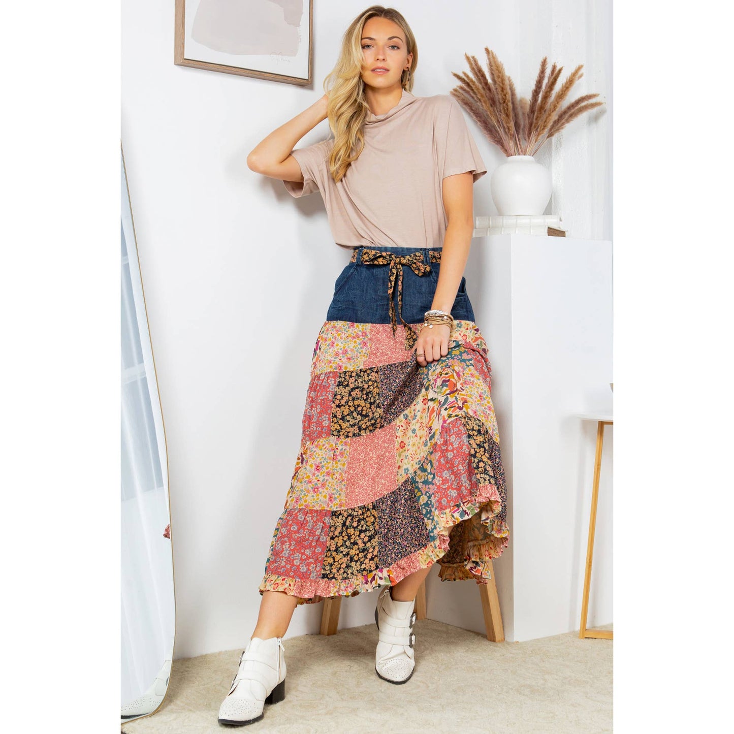Patchwork Serenade Overdyed Long Skirt With Tiered Denim