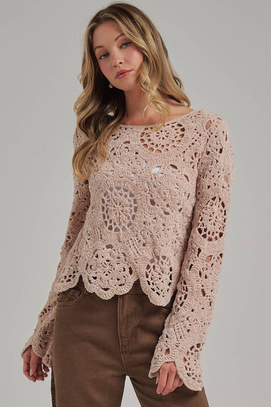 Chenille Yarn Knitted Fall Sweater Oatmeal