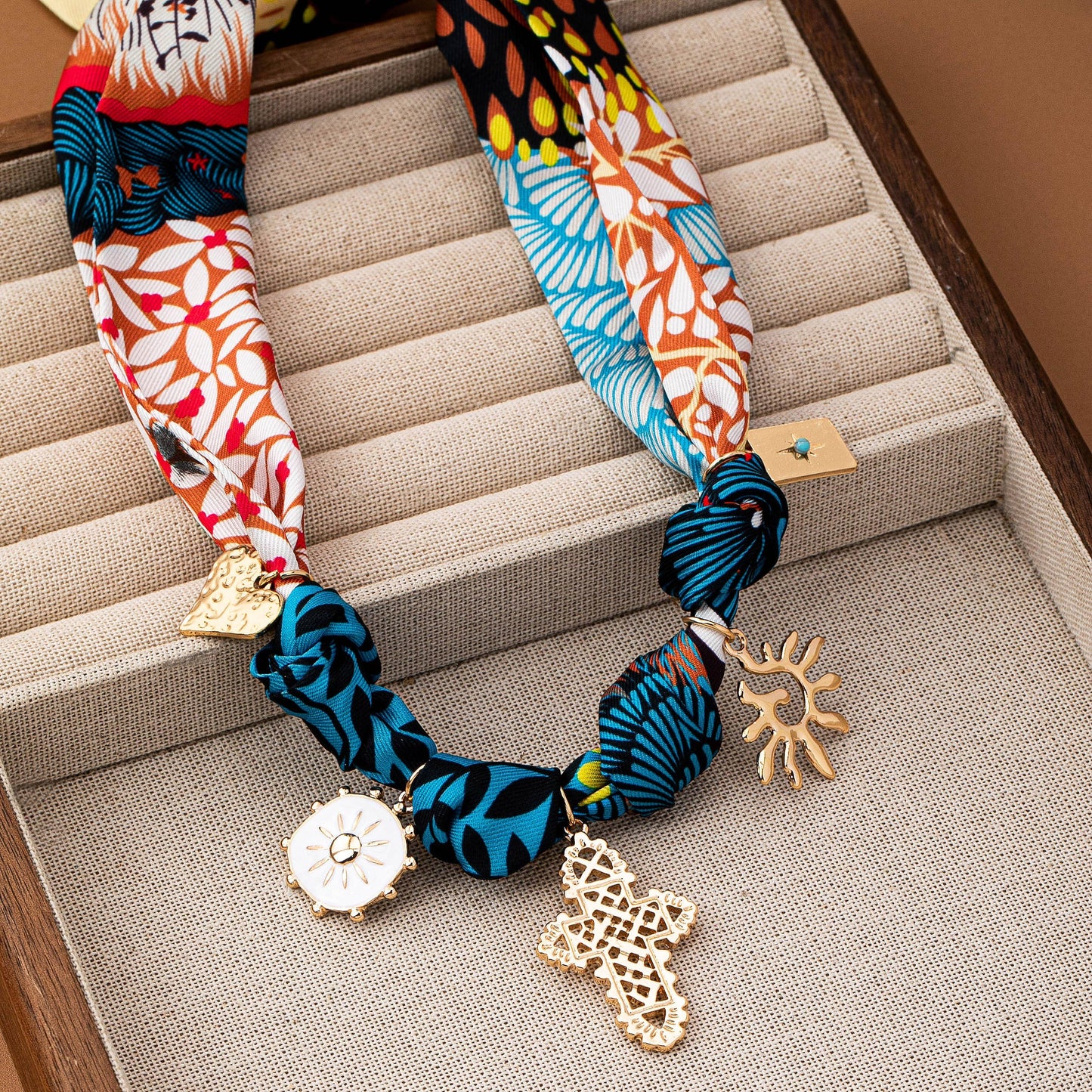 Mixed Print Scarf Charm Necklace