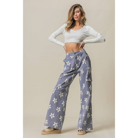 Dusty Lavender Floral Wide Leg Cargo Pants