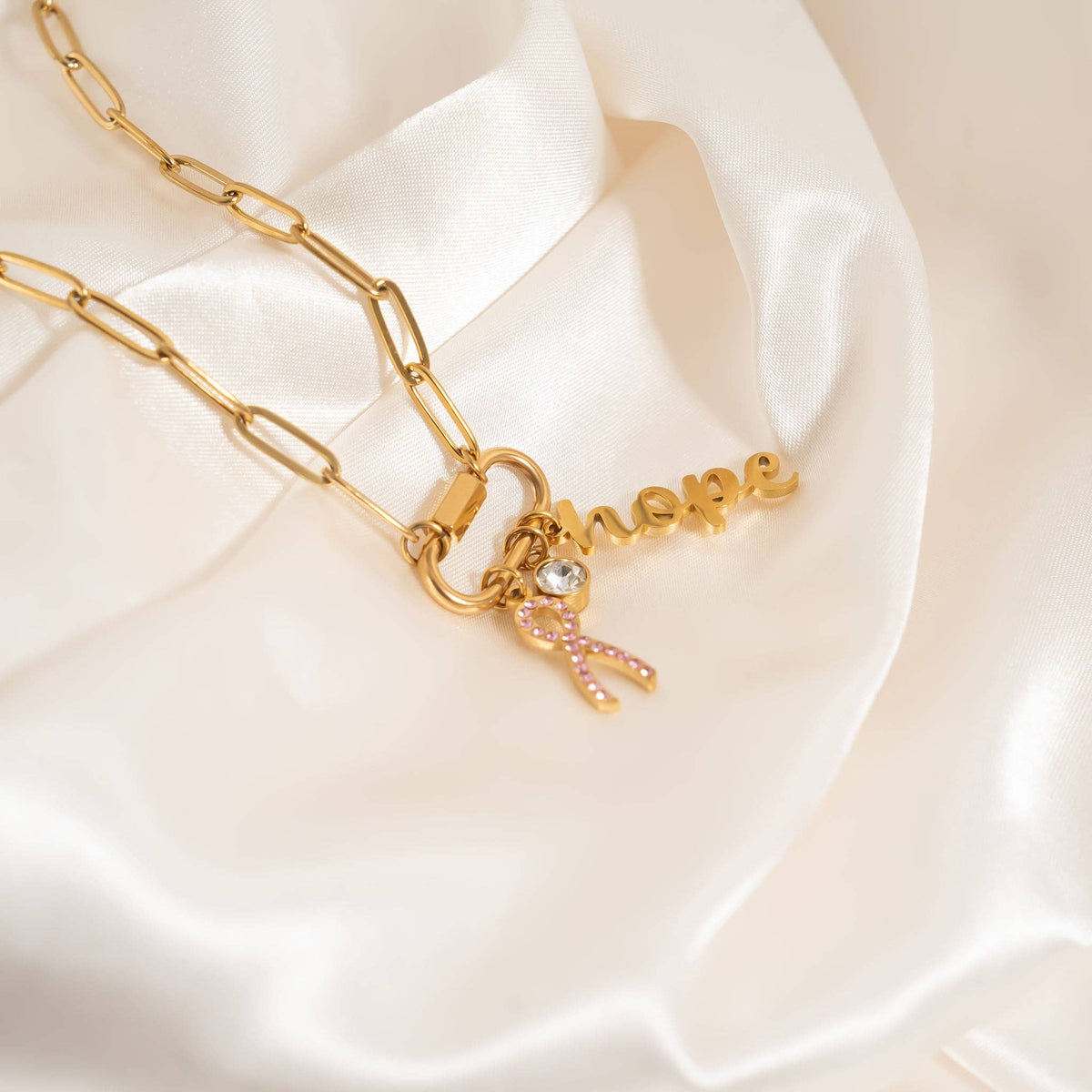 Breast Cancer Awareness Carabiner Hope Charm Necklace: Gold