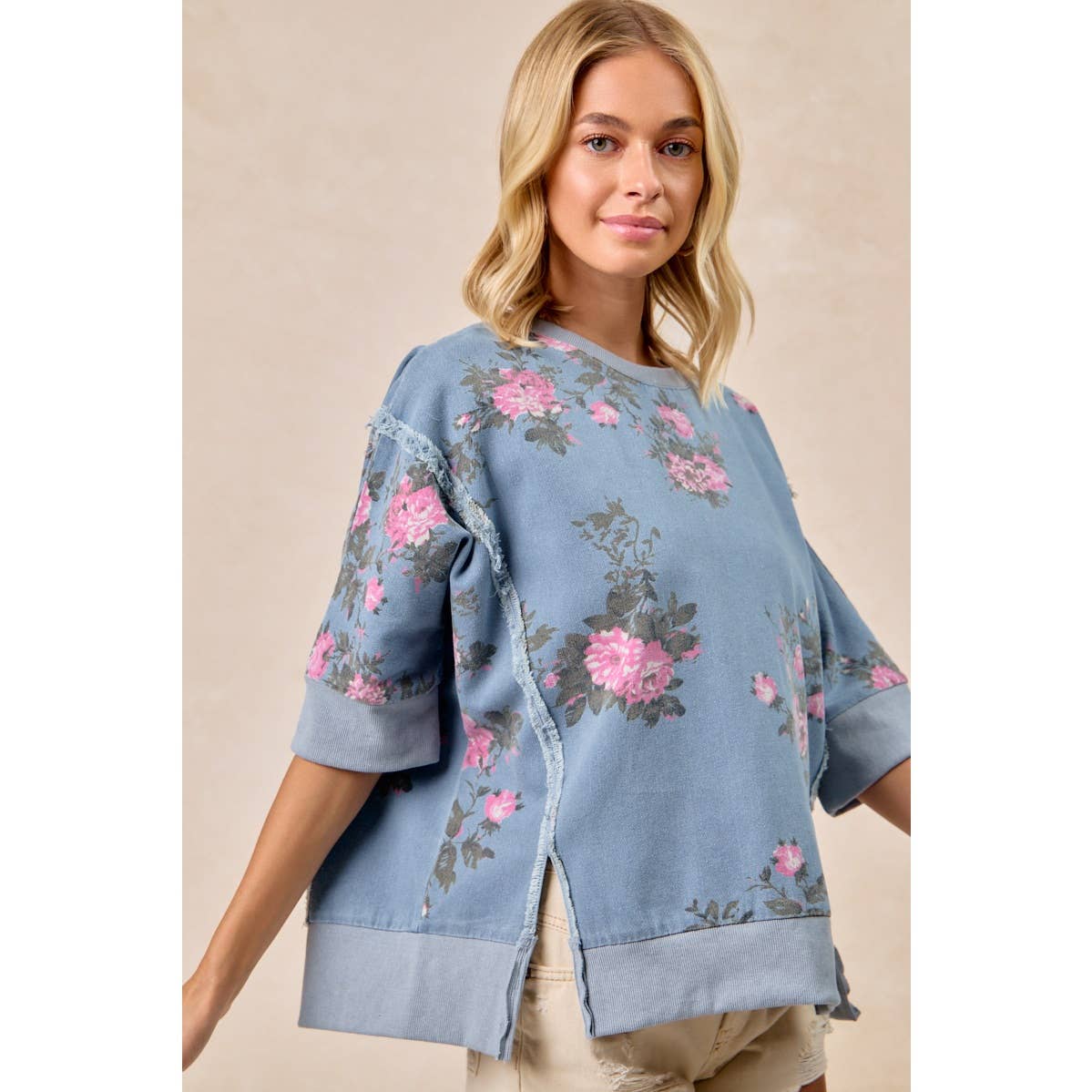 Floral Denim Open Seam Top