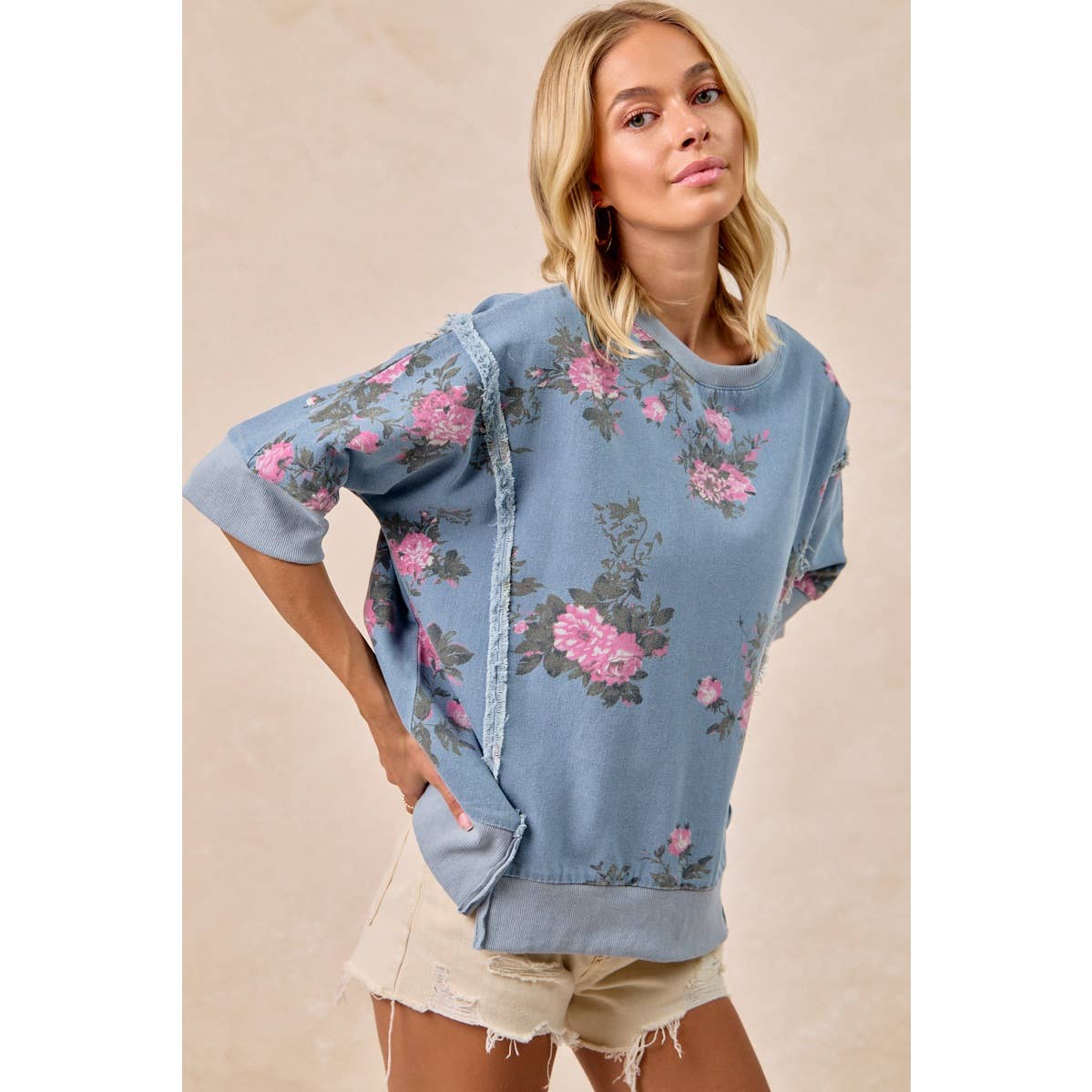 Floral Denim Open Seam Top