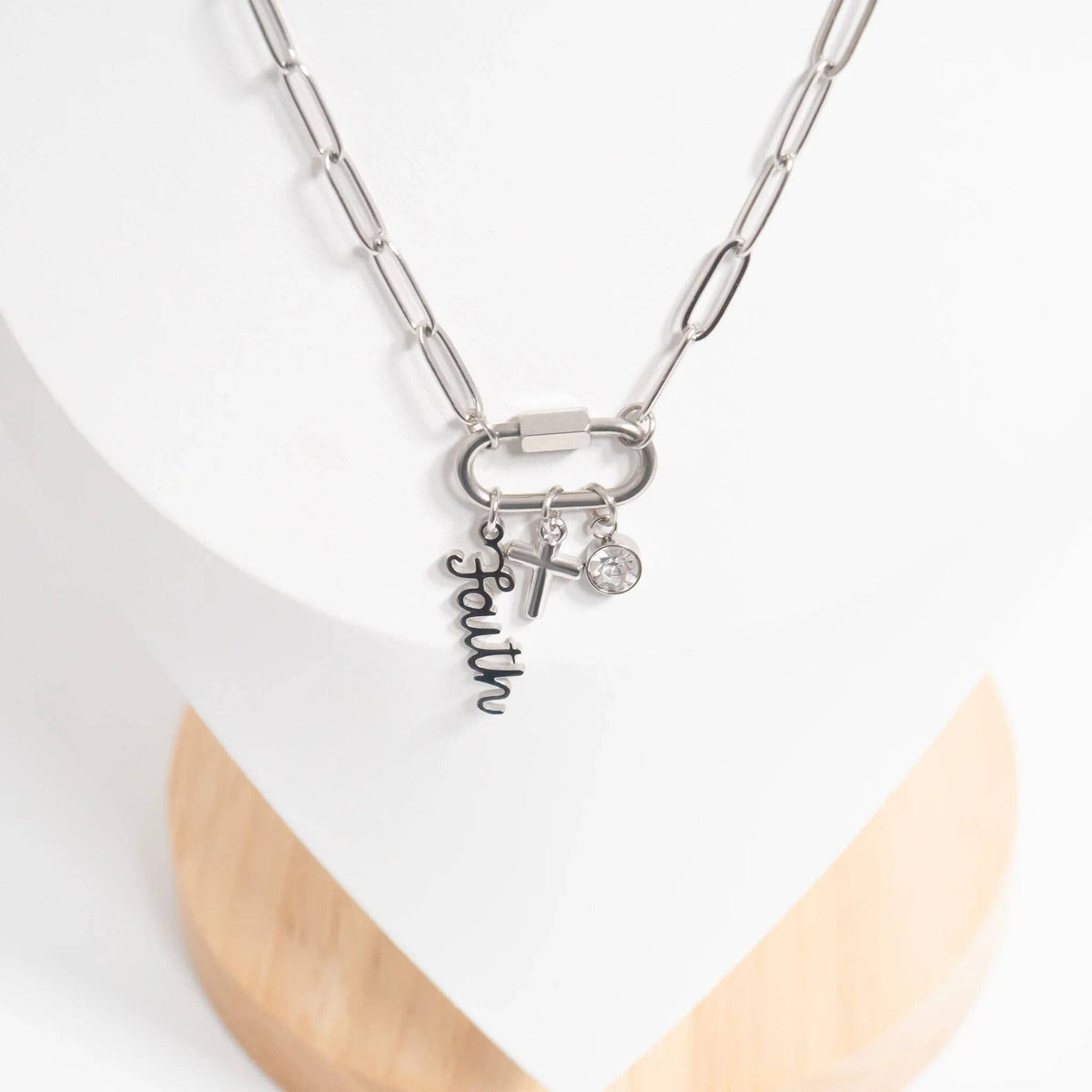 18K Gold PVD Stainless Steel Cross Carabiner Charm Necklace: Gold
