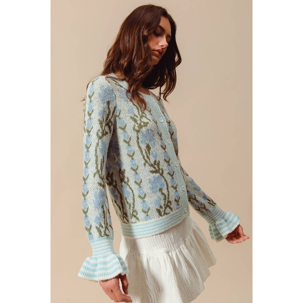 FLORAL INTARSIA BUTTON UP SWEATER CARDIGAN: LT BLUE / M