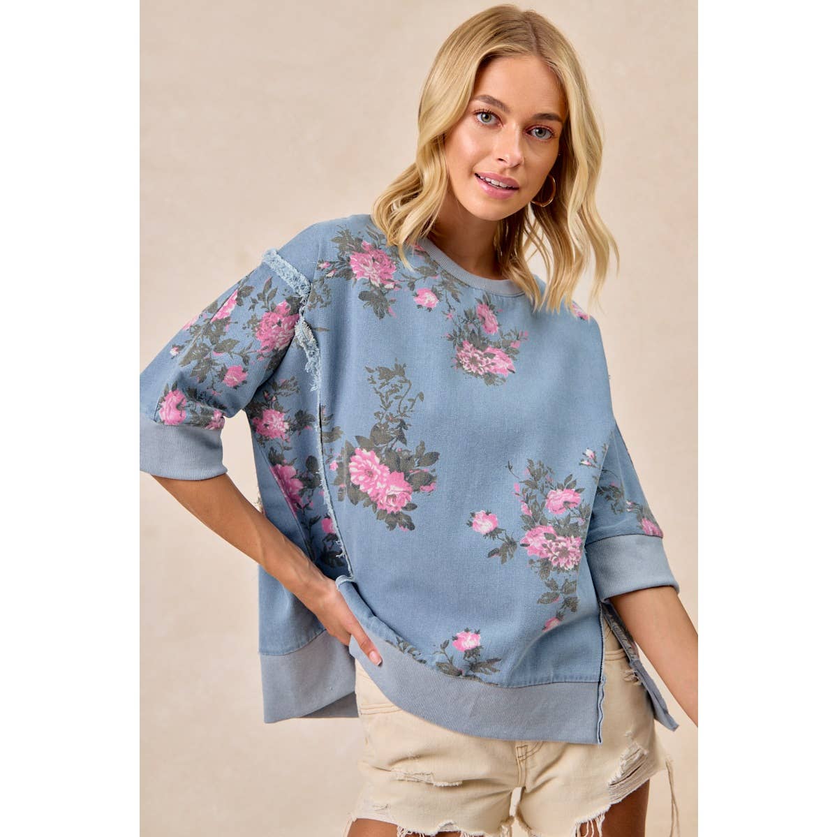 Floral Denim Open Seam Top