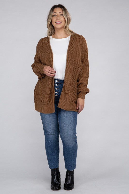 Curvy Low Gauge Waffle Open Cardigan Sweater