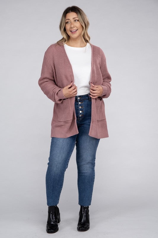 Curvy Low Gauge Waffle Open Cardigan Sweater