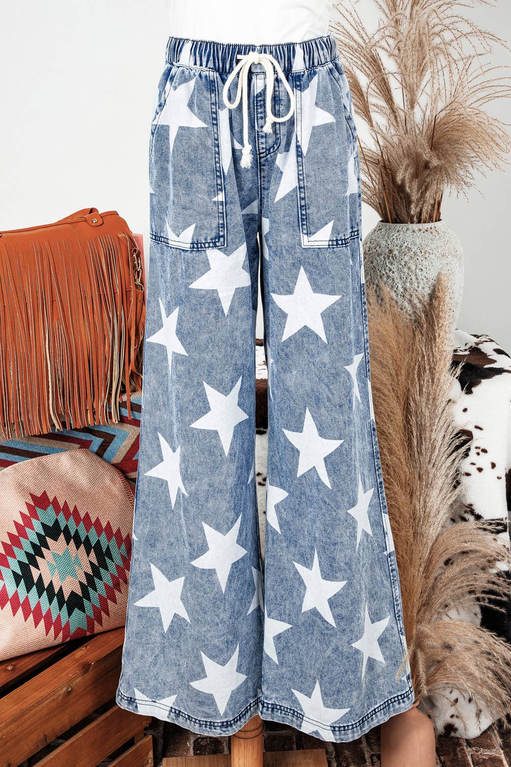 Star Light Wash Drawstring Wide Leg Jeans