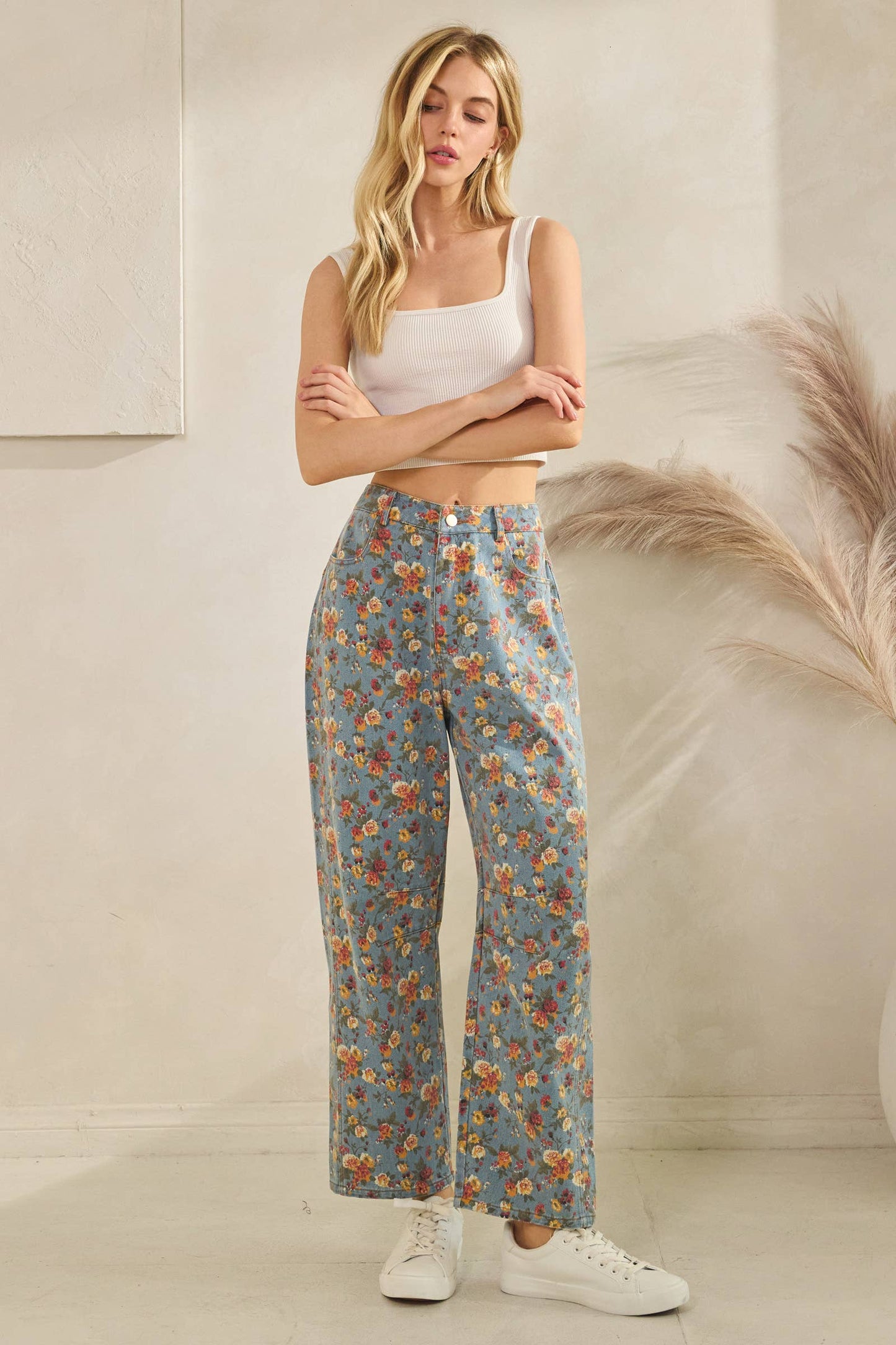 Mineral Washed Floral Denim Barrel Pants