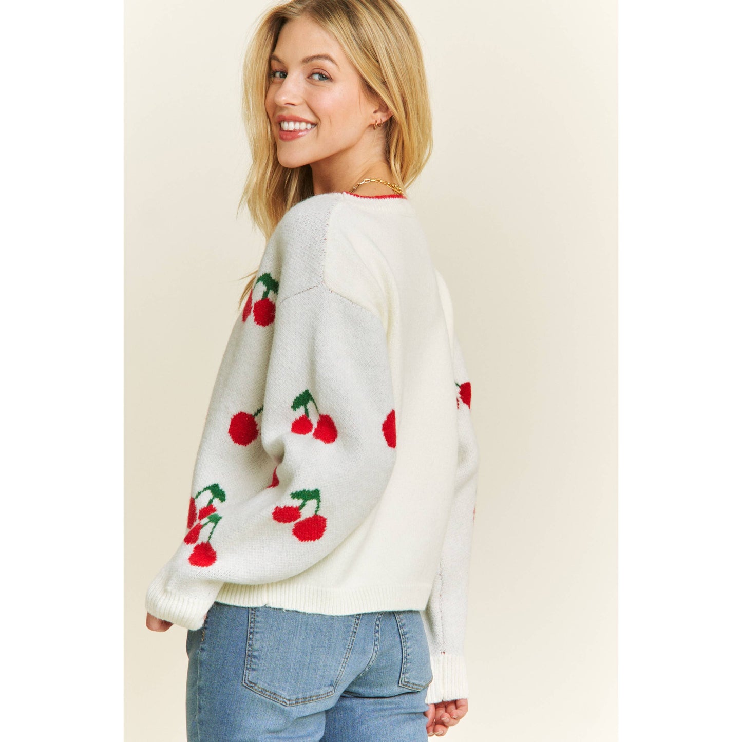 CUTE CHERRY JACQUARD CASUAL PULLOVER SWEATER