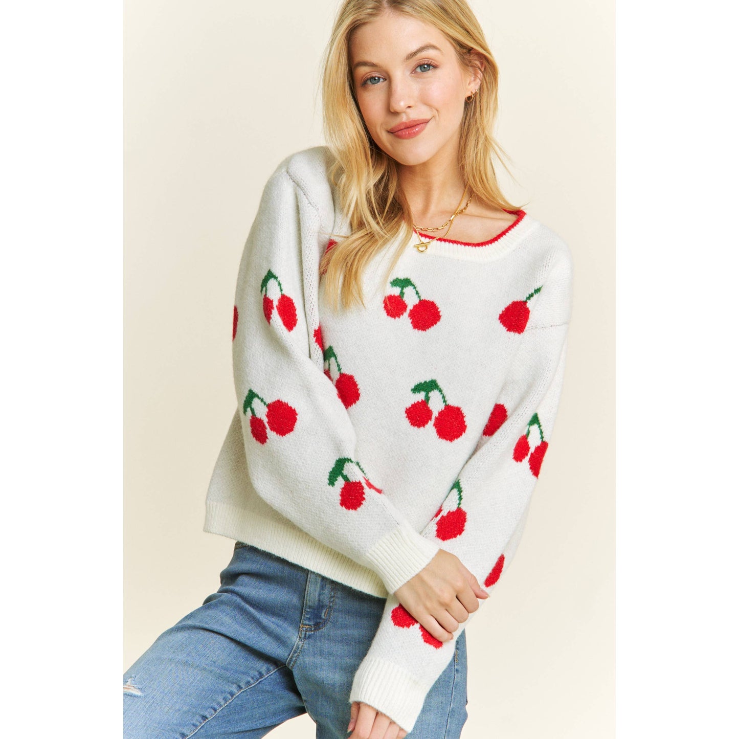 CUTE CHERRY JACQUARD CASUAL PULLOVER SWEATER