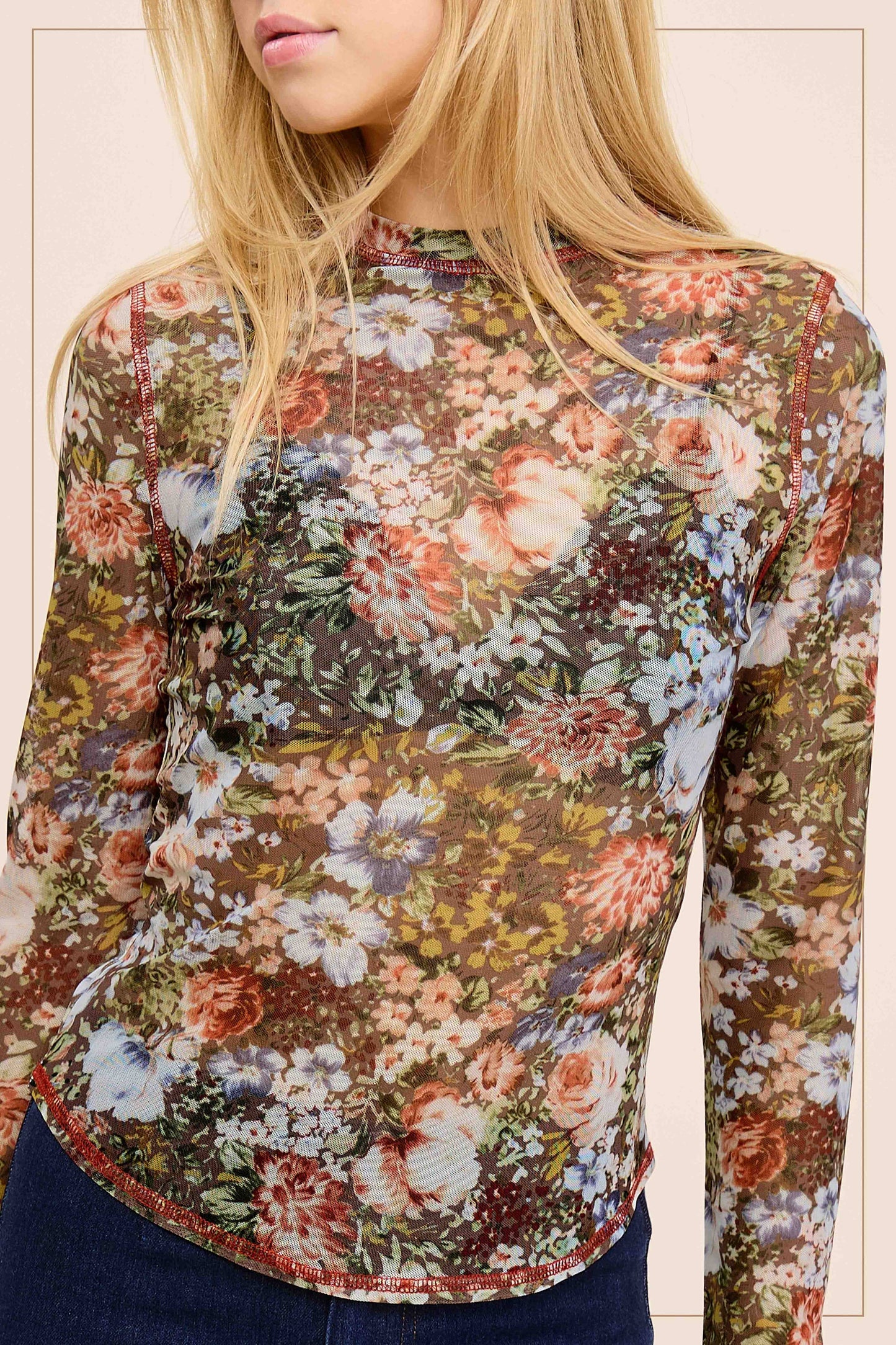 Hazelnut Crew Neck Long Sleeve Mesh Layering Top