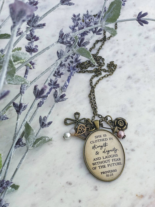 Proverbs 31:25 Glass Pendant Necklace