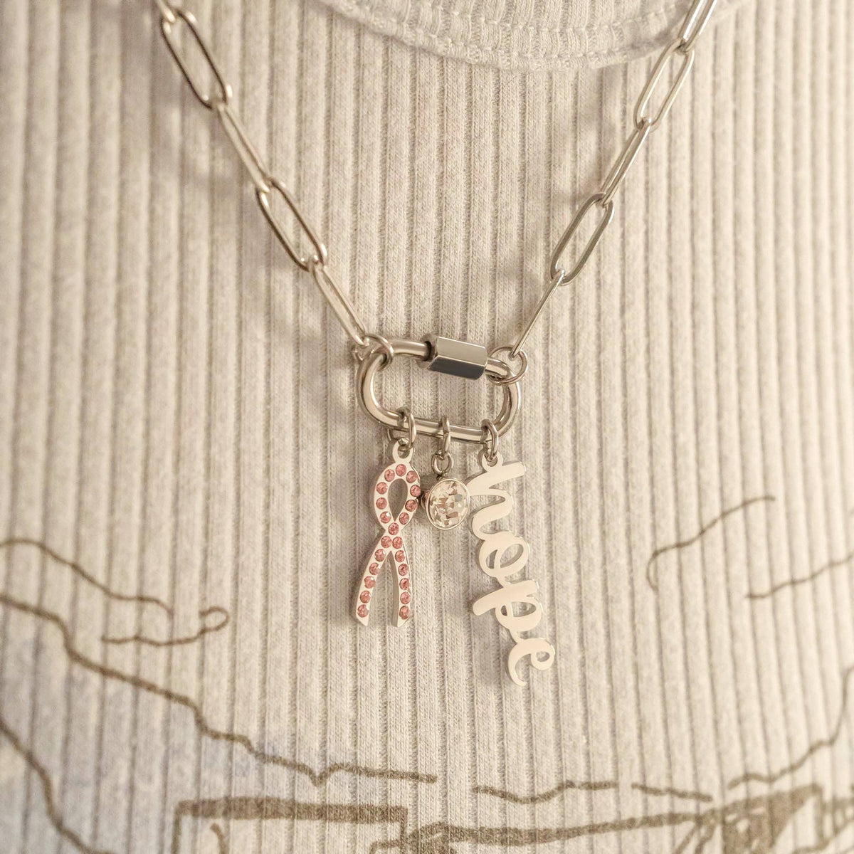 Breast Cancer Awareness Carabiner Hope Charm Necklace: Gold