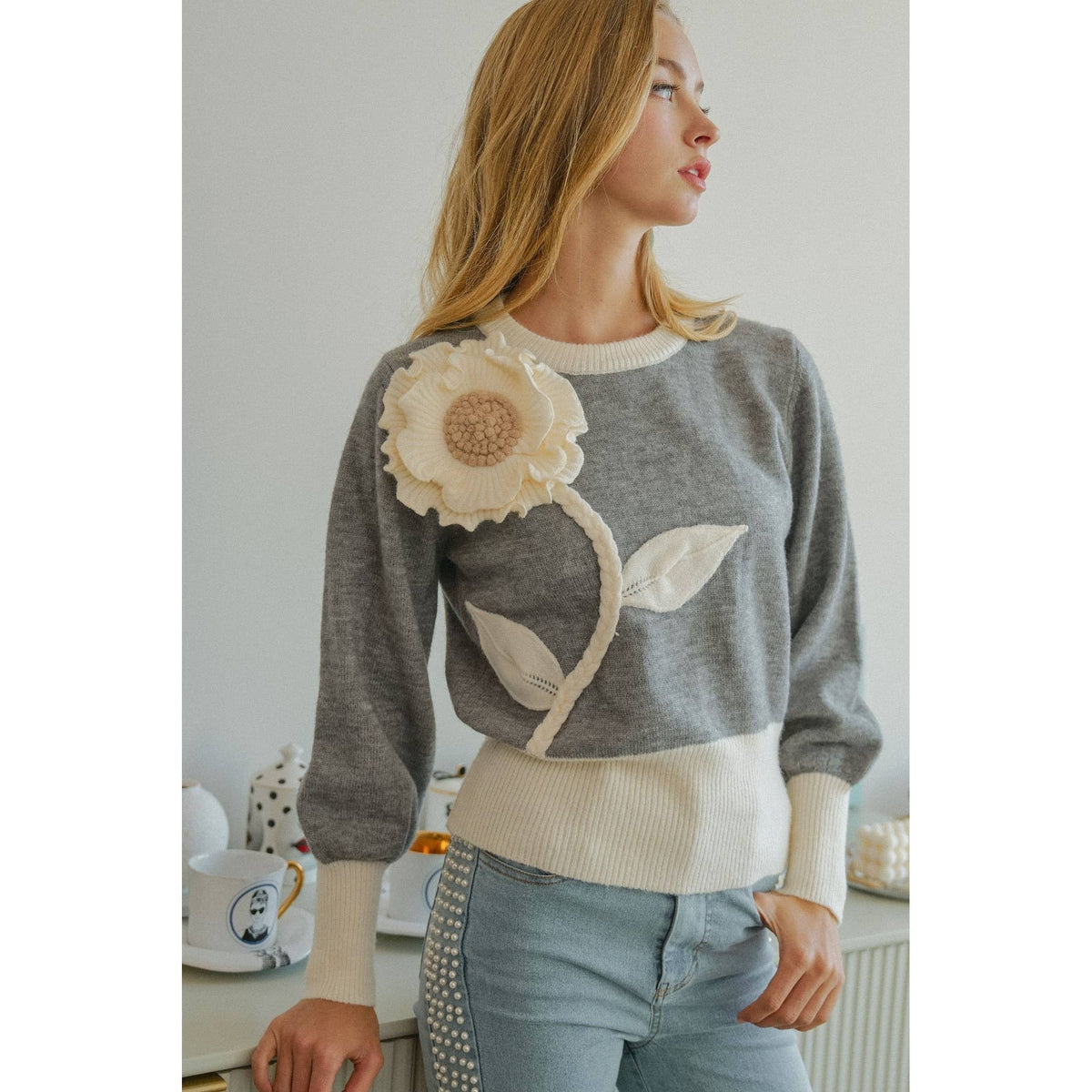 Grey Wildflower Applique Sweater
