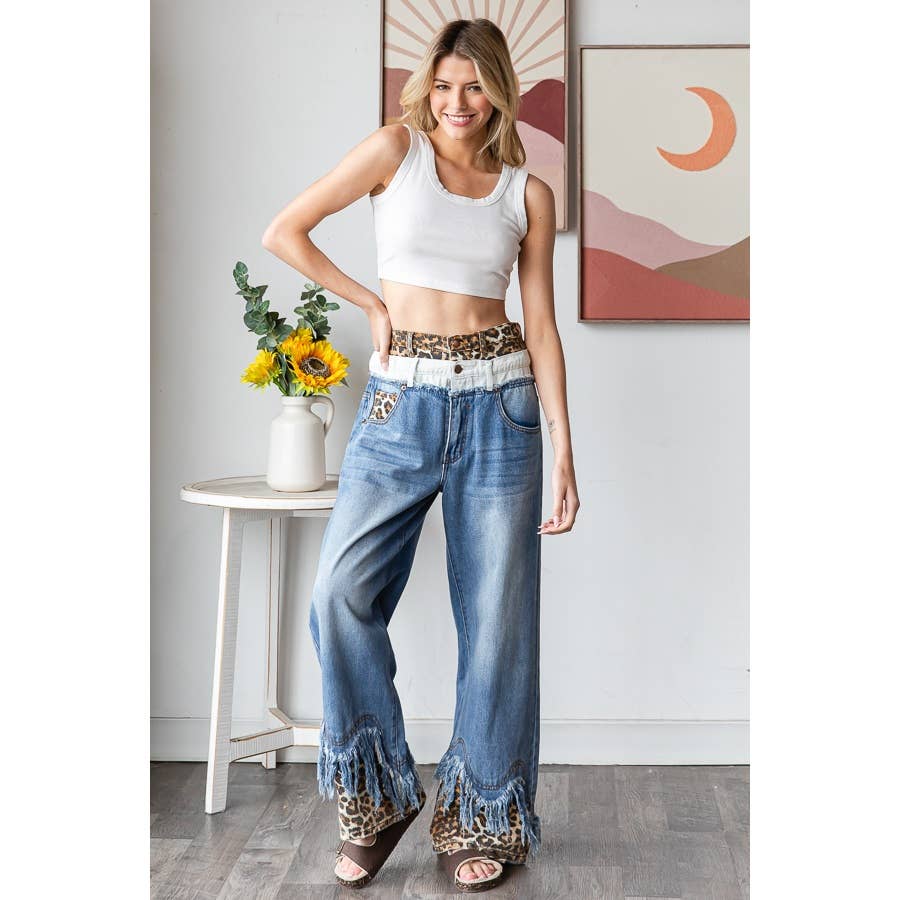 Washed Double Waist With Frayed Hem Jeans