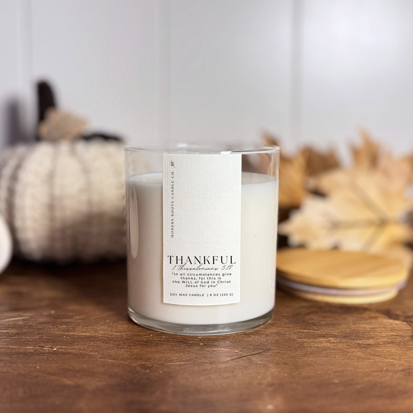 Thankful | Pumpkin Spice & Vanilla | 9 oz. Clear Jar Candle: Scent Label / Natural Wood Lid