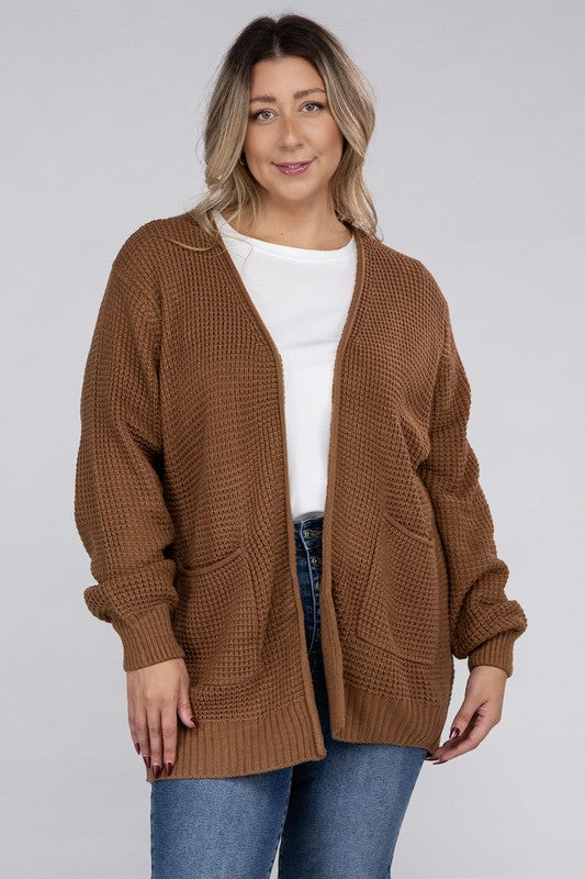 Curvy Low Gauge Waffle Open Cardigan Sweater