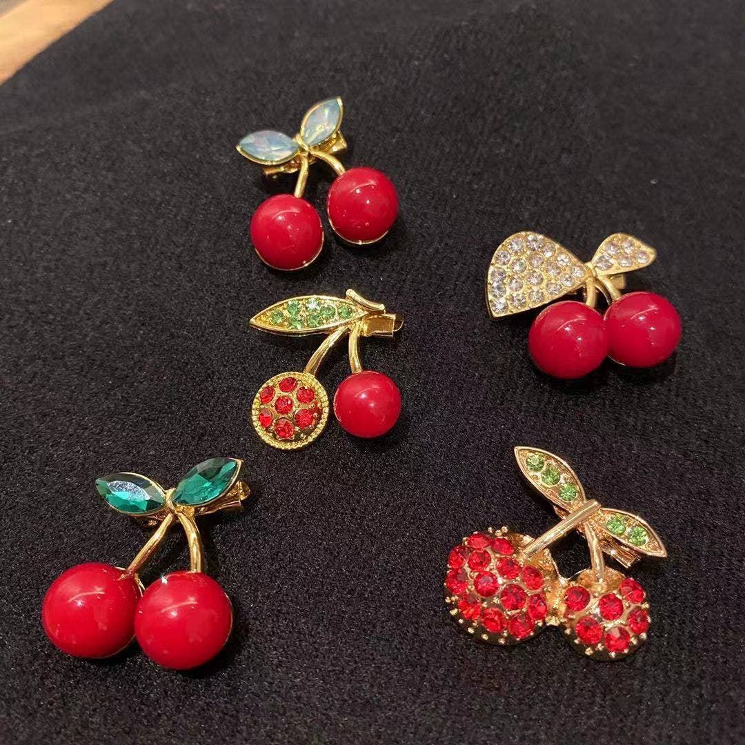 Rhinestone Cherry Brooch