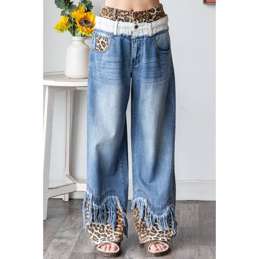 Washed Double Waist With Frayed Hem Jeans
