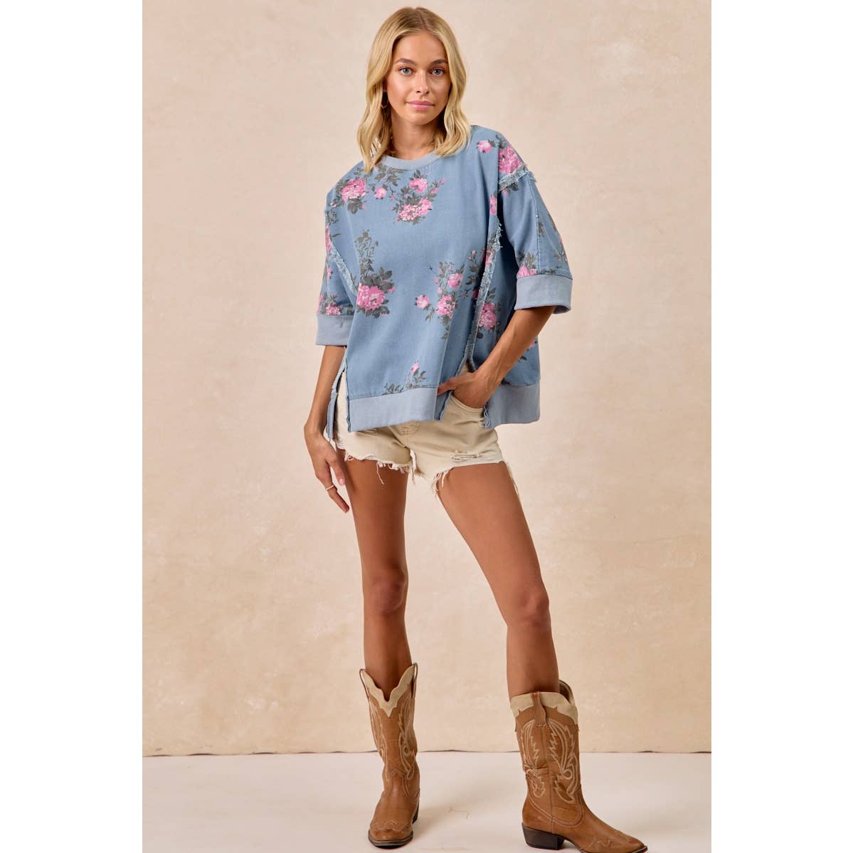 Floral Denim Open Seam Top