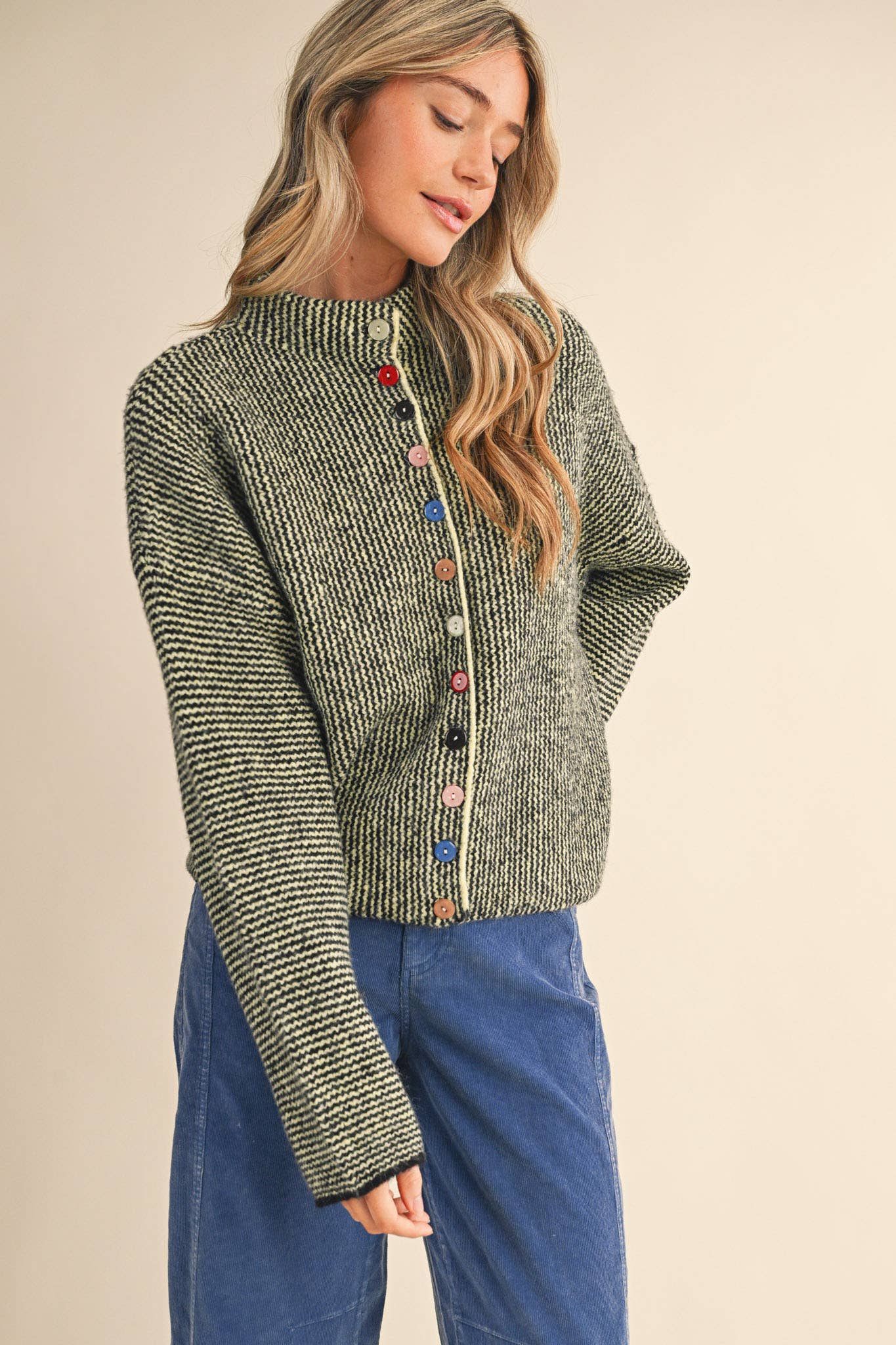Green Striped Knit Cardigan
