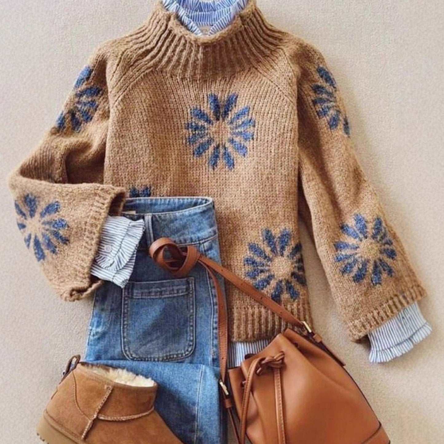 Khaki Floral Knit Sweater Women Ribbed Pattern N5A880: Khaki / M