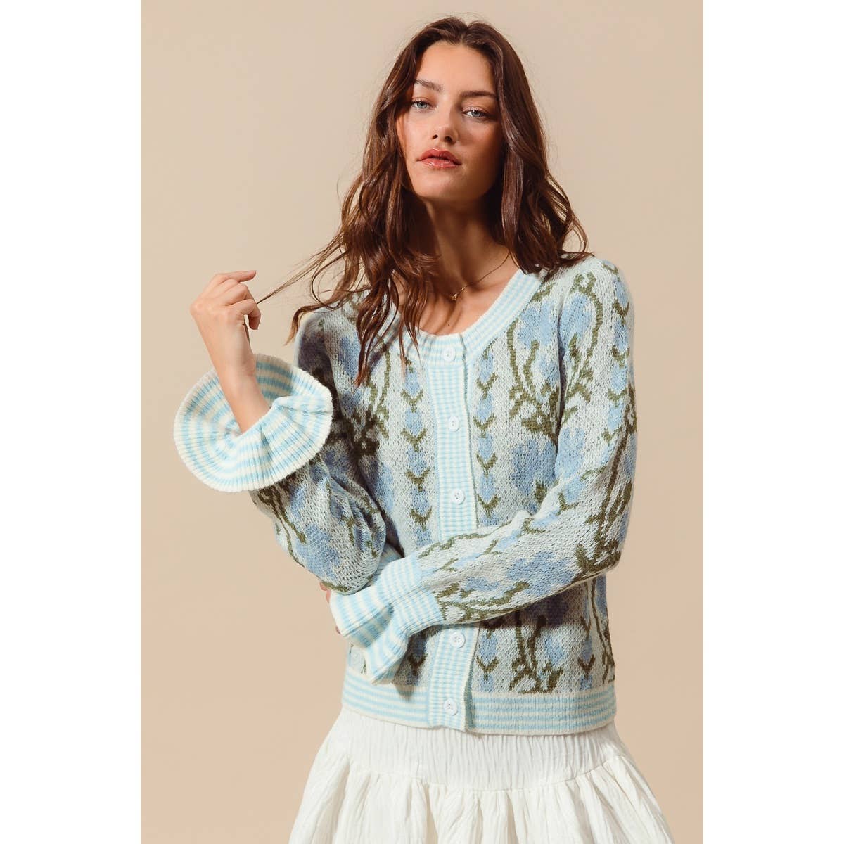 FLORAL INTARSIA BUTTON UP SWEATER CARDIGAN: OATMEAL / S