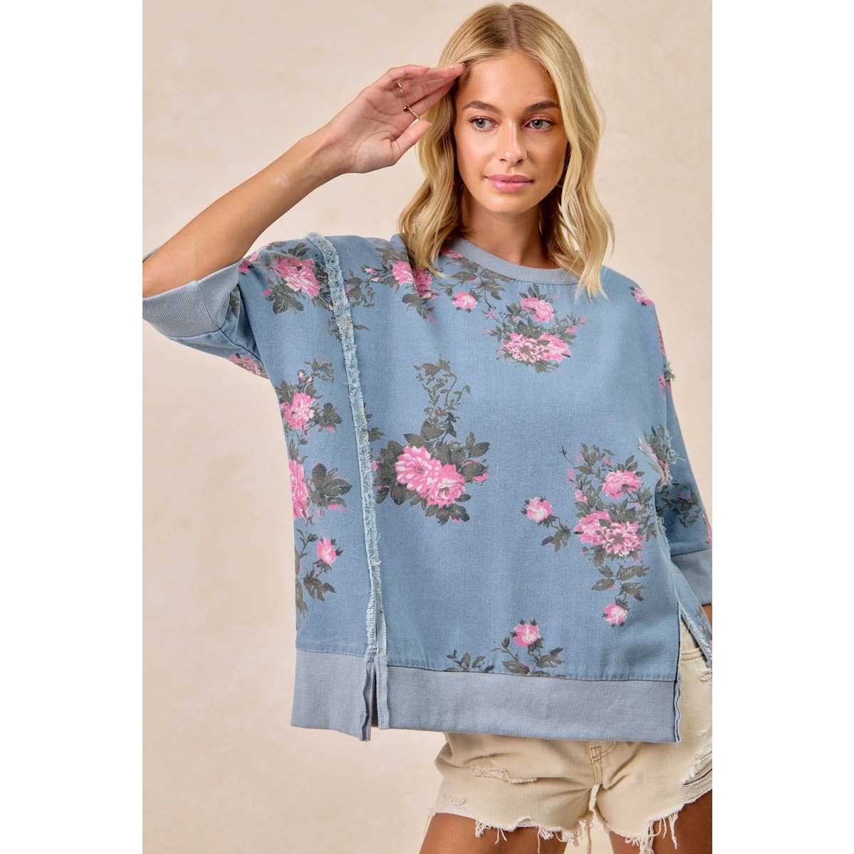 Floral Denim Open Seam Top