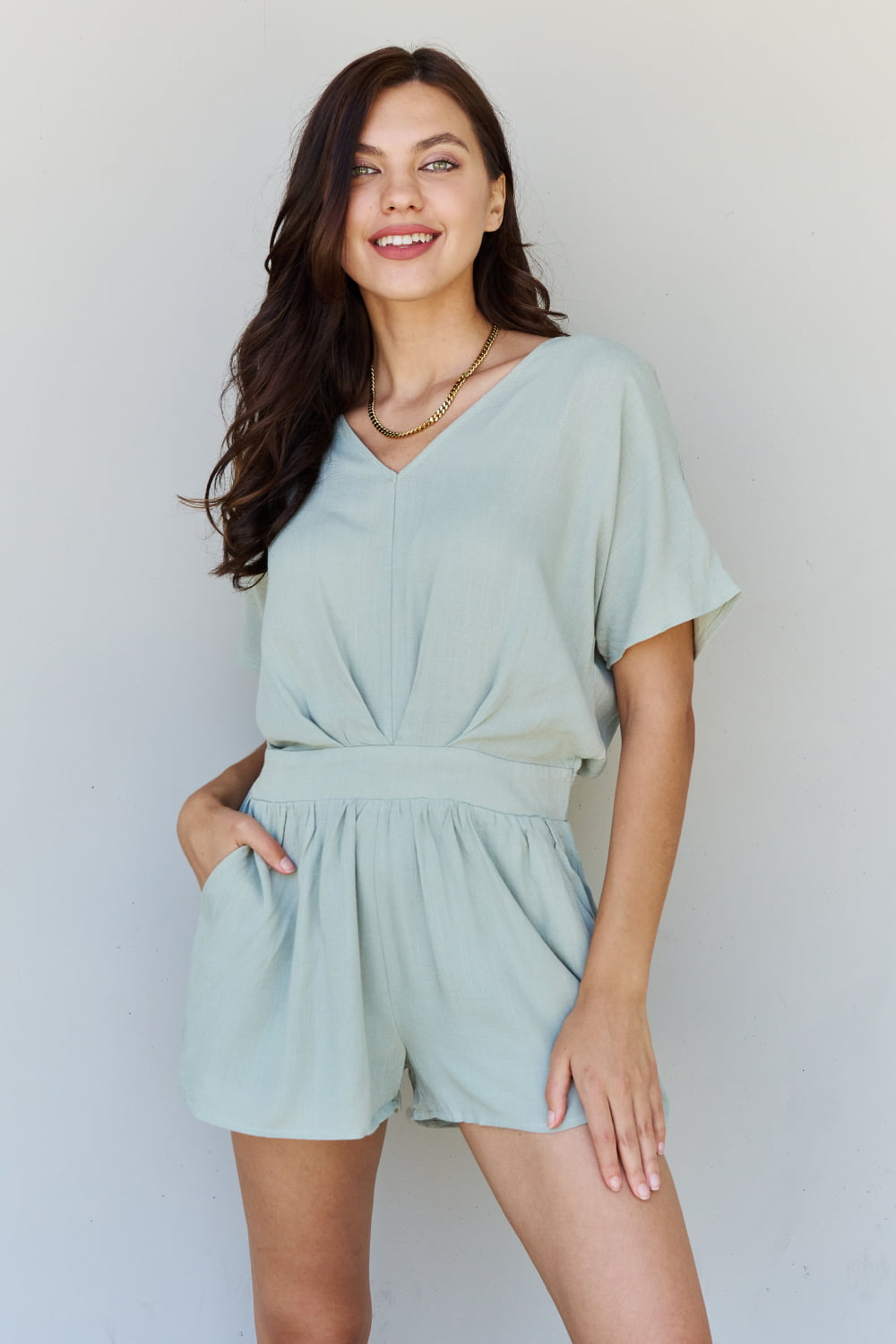 HEYSON Easy Going Front Pleated Romper in Cool Matcha